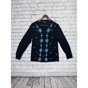 Denim &‎ Co Black Embellished Cardigan Sweater Turquoise Gemstone Buttons